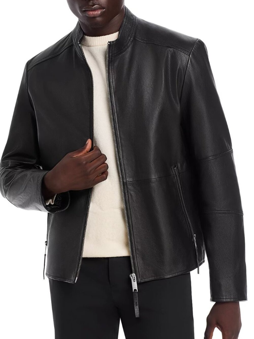 Hugo Boss Men's HUGO Lokis Racer Stand Collar Leather Zip Front Jacket Black 2XL